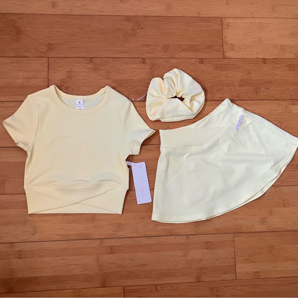 NWT Girls Size 6X Yellow Ribbed Actives Outfit - Top & Skorts Set w/ Scrunchie